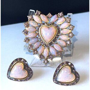 Vintage Heart Faux Opal & Lavender Rhinestone Brooch & Earring Set - Gold-Tone P